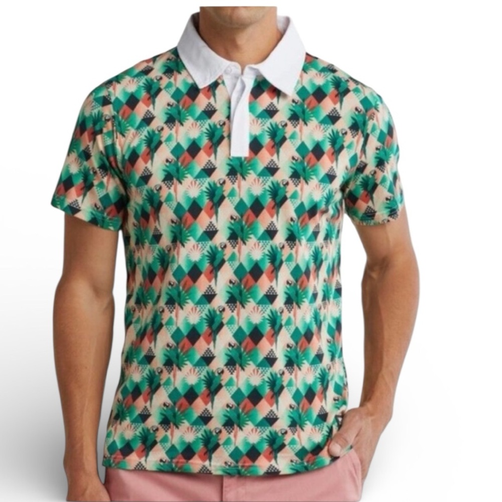 WeSC Parrots Green Graphic Slim Muscle Fitted Polo Shirt Men’s L